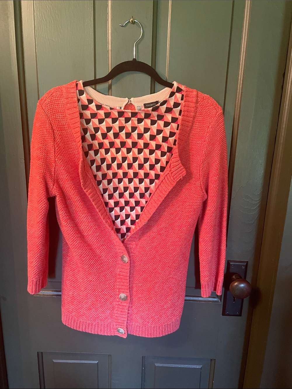 Talbots Coral-Red Knit Button Cardigan
Top and sweater